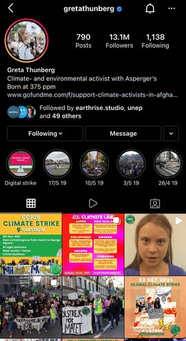 Thunberg's page features images of climate strike fliers, protests, and videos of her speaking.