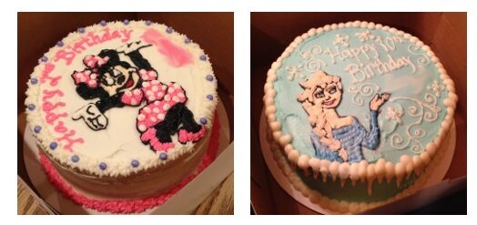 Two cakes. One is pink and white with the image of Minnie Mouse on it. The second is blue and white and has an image of Elsa on it. Both say Happy Birthday.