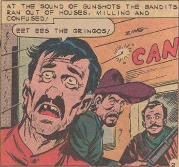 A comic book image of several ugly men speaking with stereotyped Spanish accents.