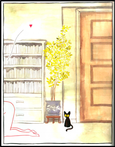 Full page panel that shows one woman's nacked backside with the remainder of her body not in sight. She is on her knees in front of a bookshelf, and based on the black cat's surprised face, she is likely engaging in sex acts with the other two women, also not shown. 