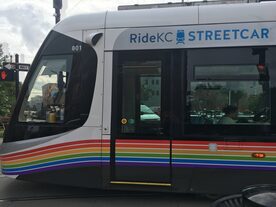 Rainbow wrapped Ride KC streetcar