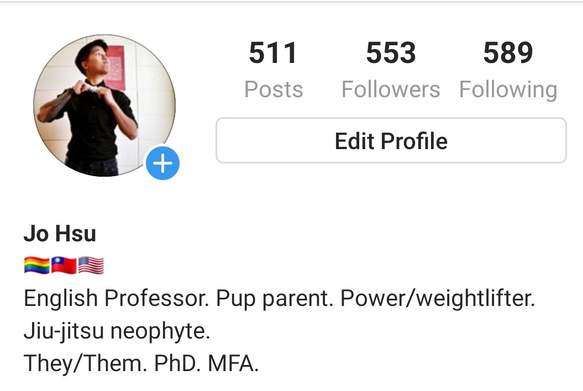 A screen shot of Jo's instagram profile. On the top left corner is their profile picture, which shows a Taiwanese-American non-binary individual in a black button-up shirt and a white bow-tie. The text below the photo reads: 