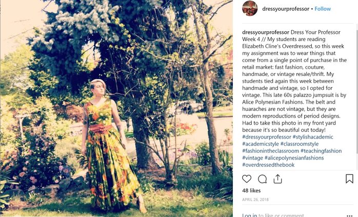 An Instagram screenshot: The author stands in an outdoors green area. She wears a long flowered dress.