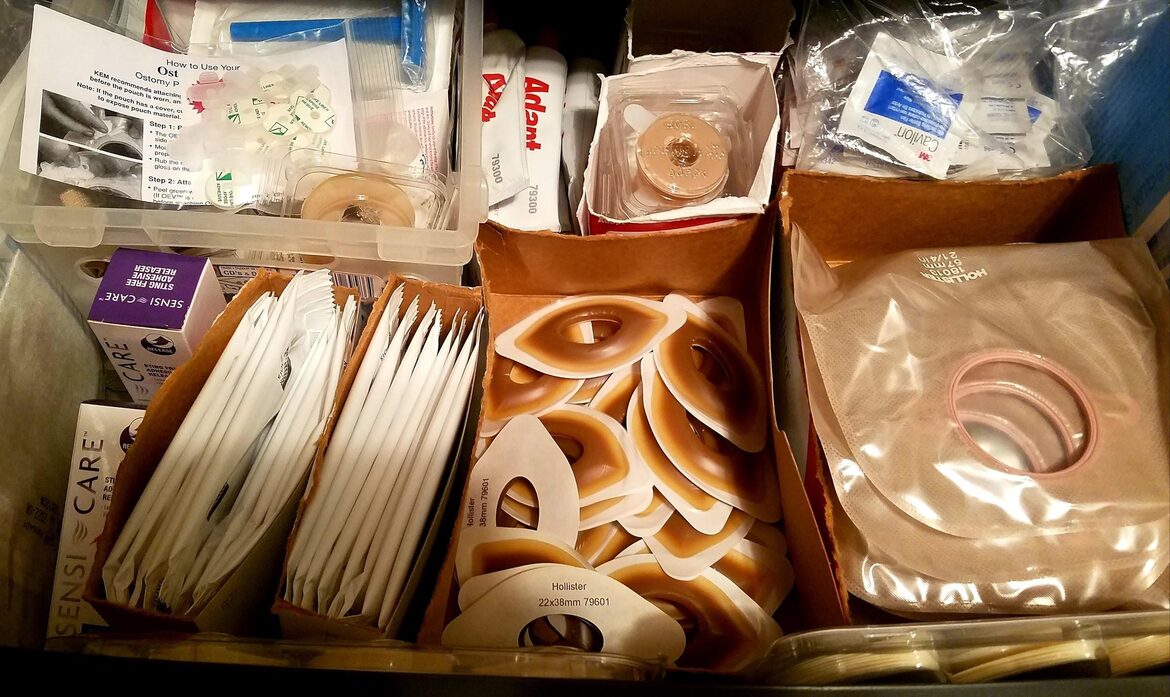A drawer full of ostomy supplies.