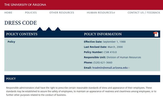 A screenshot of the Dress Code Policy for University of Arizona. The text reads: 
