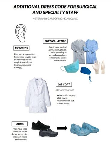 Additional dress code for surgical and specialty staff shows surgical gowns and a white lab coat.