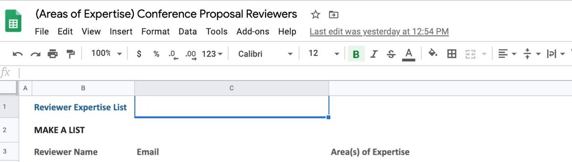 A screenshot of a Google sheet for listing reviewers' names, emails, and areas of expertise.