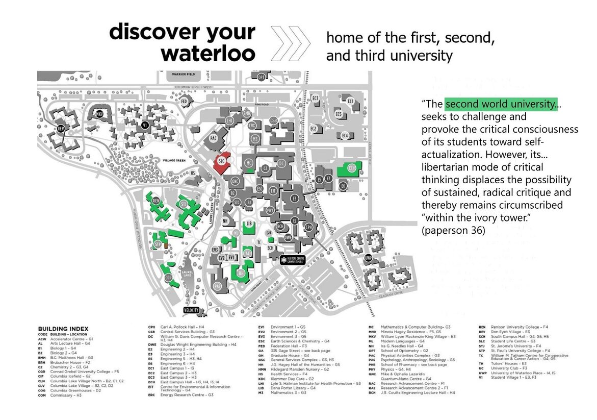 A map of the Waterloo campus with elements highlighted in green.