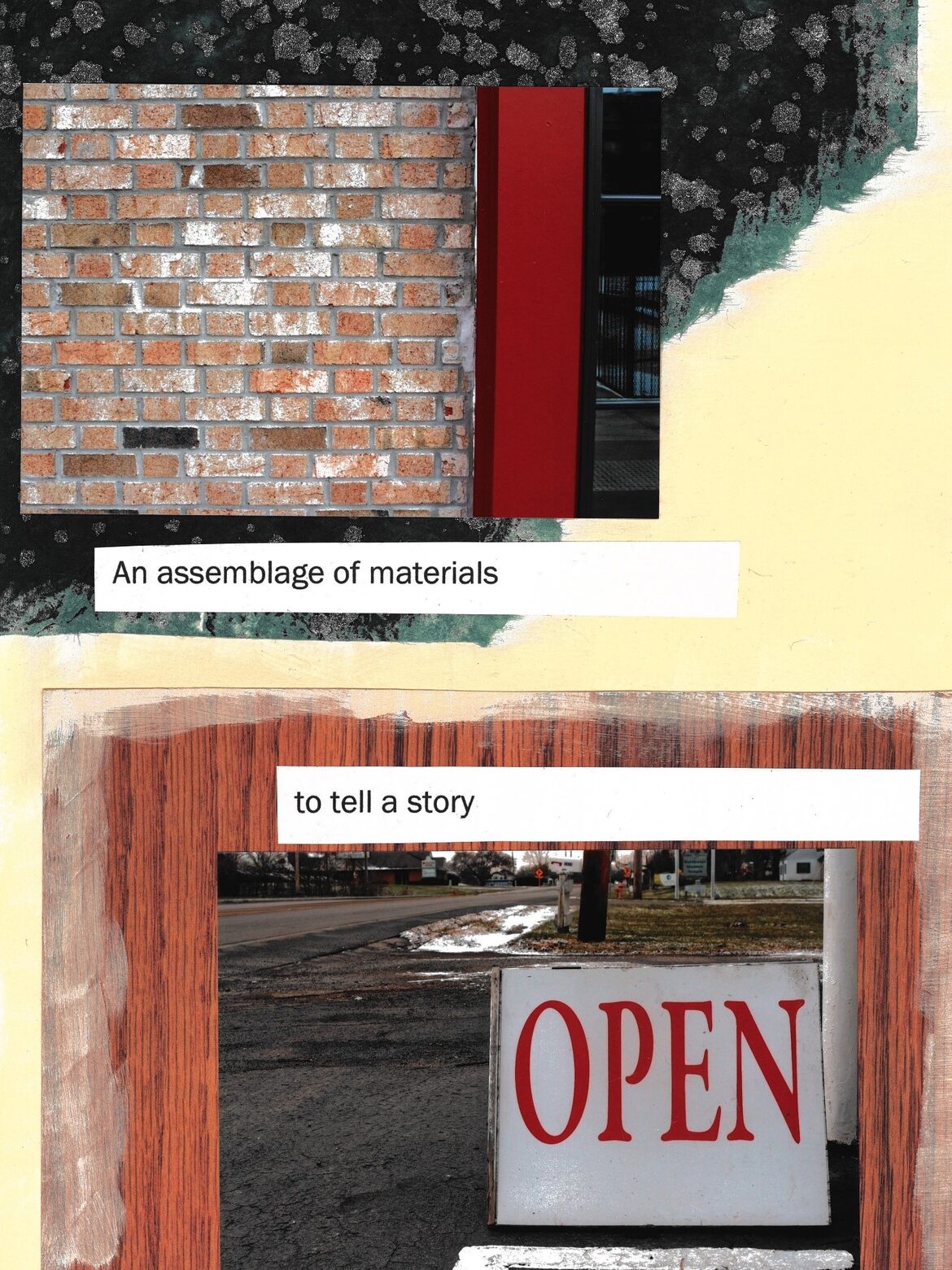 A collage with a black and yellow background featuring two images, one of a brick wall and one of a door that says OPEN. Text says 