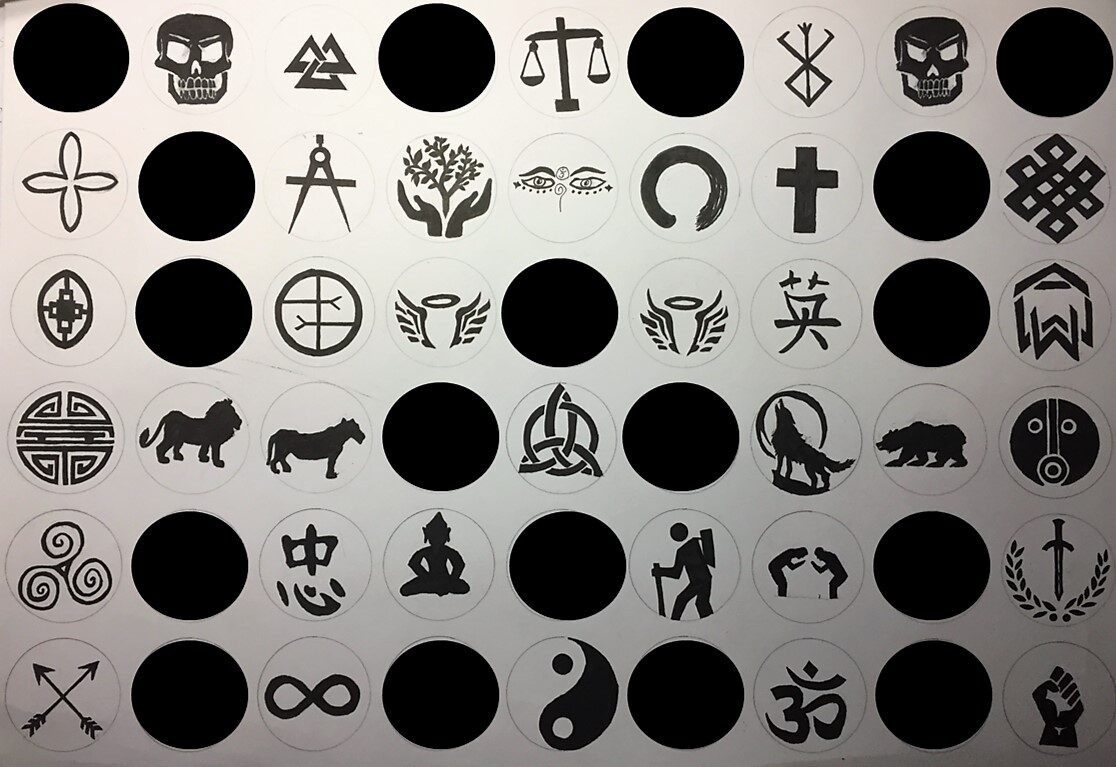 A collection of symbols including skulls, religious symbols, some animals, and the scales of justice.